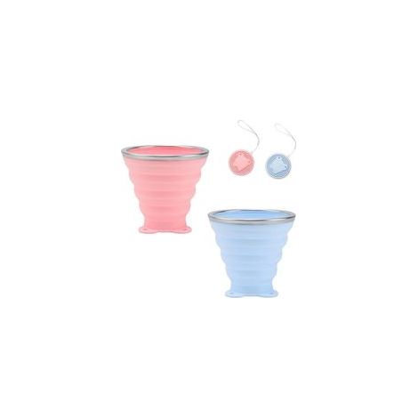 2 faltbare Silikonbecher, 250 ml, mit Deckel und Kordel, wiederverwendbar, rosa/blau, ideal für Reisen und Büro (1/5)