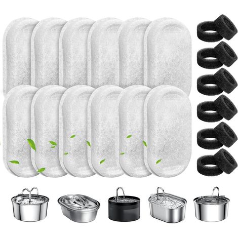 Filtre Fontaine à Eau pour Chat, 12PCS Filtres + 12PCS Éponges Convient pour Chat en Acier Inoxydable de 2L/3.2L Fontaines, Forme de Robinet, Filtre Fontaine Chat avec la Résine et Charbon Actif (1/5)