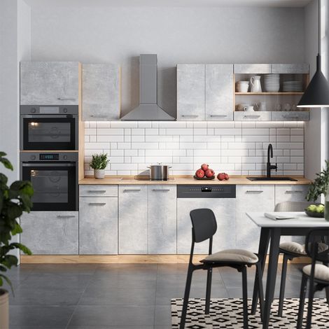 Cucina componibile R-Line, Calcestruzzo/quercia dorata, 300 cm con armadio alto, PL Antracite, Vicco