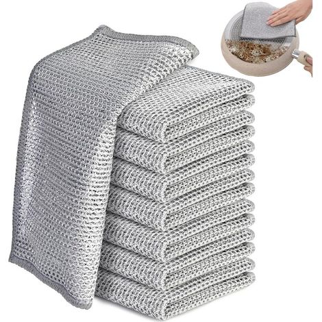 8 pièces Chiffon de Nettoyage en métal, Chiffons à Vaisselle torchon Multifonctionnel en Fil métallique Anti-Rayures, Chiffons à Microfibre Polyvalents en Fil,réutilisables (Double Couche,25 x 25cm) (1/5)