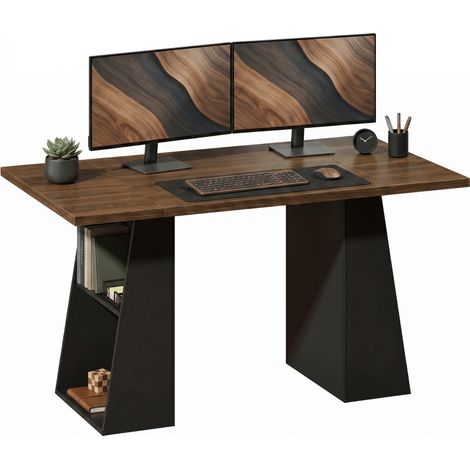Bureau industriel 140 cm avec 4 étagères ouvertes en brun noir, mobilier moderne pour bureau à domicile élégant et fonctionnel (1/5)