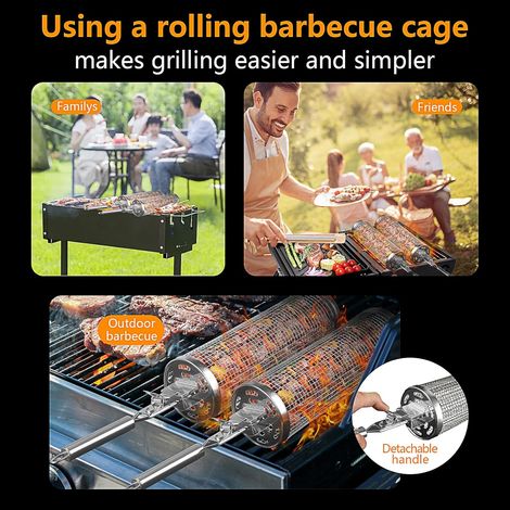 Set aus zwei rollbaren Grillkörben, Grillzubehör, abnehmbarer zylindrischer Korb mit abnehmbarem Griff, geeignet für Grillabende im Freien und zum Grillen von Gemüse.