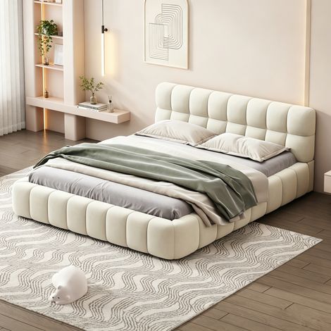 Polsterbett Bubble Bett 160x200cm, Doppelbett mit karrierter Bordüre, modern Jugendbett mit Gepolstertes Kopfteil und Lattenrost, Leinen Beige (ohne Matratze)