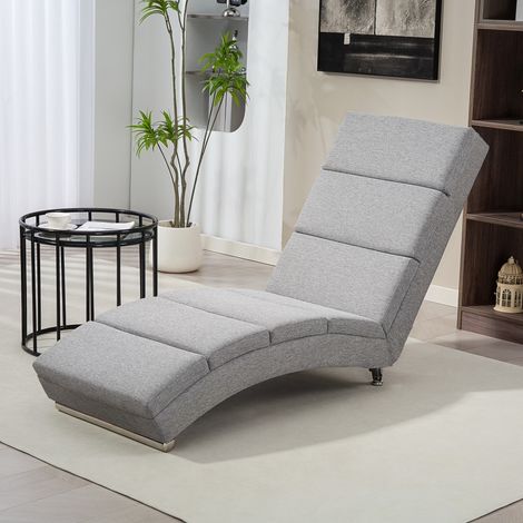 Sillón reclinable de respaldo alto con acolchado grueso y patas de metal, color gris claro. (1/5)