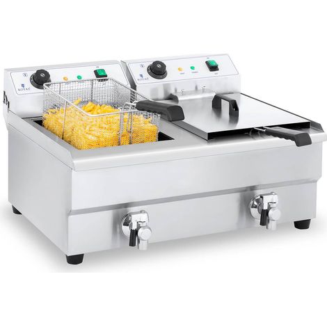Royal Catering – Friteuse professionnelle 2 x 16 L – 2 cuves 3600 W – Acier inoxydable – Robinets de vidange pour nettoyage facile (1/8)