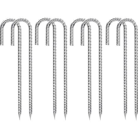 Lot de 8 piquets d'ancrage au sol galvanisés - En acier galvanisé - En forme de J - Pour plantes, camping, tentes, trampoline (30 cm, argenté) Lot de 8 piquets d'ancrage au sol galvanisés - En acier (1/5)