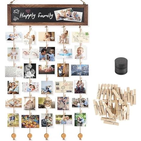 Tableau Photo Mural avec Tableau à Messages et 30 Pinces Bois Cadre Multi Photos pour Decoration Maison Exposition Memoire Cadeau et Bricolage (1/4)