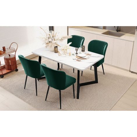 Chaises de salle à manger (Lot de 4), Vert foncé — Chaises de designer rembourrées, dotées d'un dossier, d'une assise en velours et d'une structure en métal. (1/4)