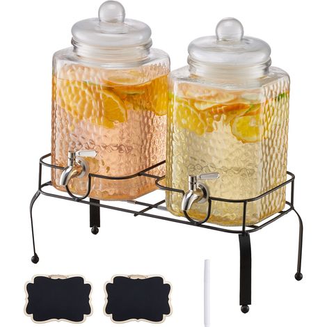 VEVOR Distributeur de Boissons Grande Capacite 5,5 L 2PCs, Fontaine a Eau en Verre, Distribution d’Eau Jus Limonade The Glace, avec Support en Metal et Robinet en Inox, pour Restaurant Cafe Hotel Fete