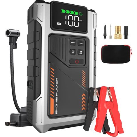 Booster Batterie Voiture avec Gonfleur Puissant 6000A Fonction de Gonflage des Pneus 150PSI Essence 10L Diesel 8.5L Température de décharge -20 ℃ à 70 ℃ (PD-JA2)