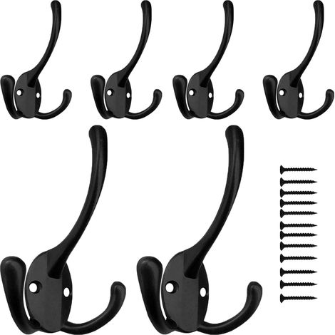 (Noir) Lot de 6 crochets de suspension avec 12 vis, crochet robuste, quincaillerie simple, crochet double en alliage de zinc résistant à la rouille, cintres pour suspendre peignoirs, serviettes, chap