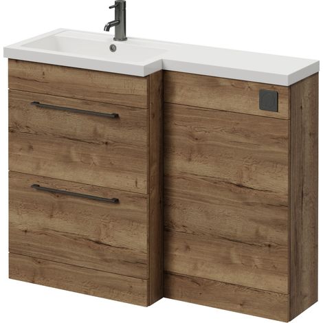 Napoli 390 Tobacco Oak 1100mm 2 Drawer Vanity Unit Toilet Suite with Square Left Hand Lucia Basin - 1100mm - Gunmetal Grey 320mm HandleWithout Kingston Toilet Pan