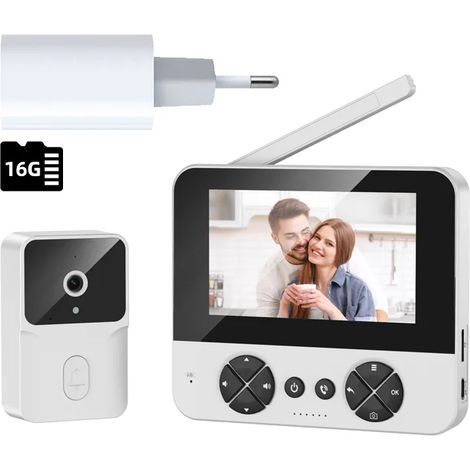(Blanc + 16 Go + Chargeur) Sonnette vidéo, écran de 4,3 pouces, HD 720P, appel bidirectionnel sans fil 2,4 GHz, vision nocturne. (1/5)