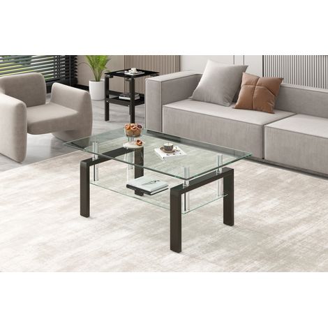 Couchtisch (100x60x44 cm), zweistufiges Glasdesign, platzsparend, Glas und Metall, transparent (1/5)