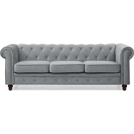 Grand canapé 3 places Chesterfield Velours Argent