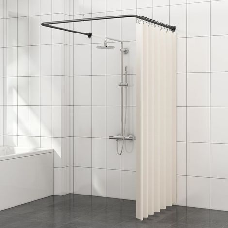 Tringle à rideau de douche en forme de U, barre de douche d'angle avec 12 anneaux de rideau et support de plafond pour baignoire/salle de bain, montage par perçage requis [Deux côtés : 60 cm - 132 cm (1/5)