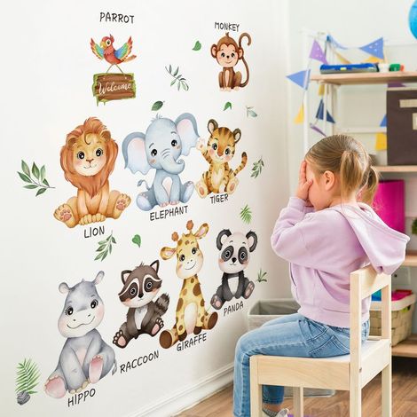 Stickers Muraux Animaux de la Jungle Autocollants Muraux Mural Stickers Éléphant Safari Girafe Panda pour Chambre Enfants Bébé Pépinière (1/4)