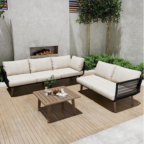Muebles de jardín de Olefin, 1 sofá + 1 mesa de centro, beige/negro, tablero efecto madera (1/5)