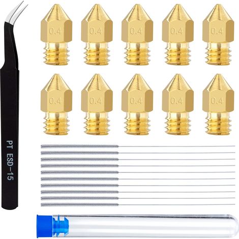 Ugelli per stampante 3D da 0,4 mm Ugello per estrusore MK8 in ottone con pinzette e aghi per la pulizia Compatibile con Creality CR-10 Ender 3 5 22 pezzi (1/5)