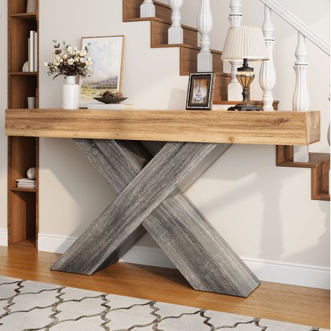 Tavolo consolle 140 x 30 x 80 cm in truciolare, effetto legno naturale, gambe a X DESVIAE (1/5)