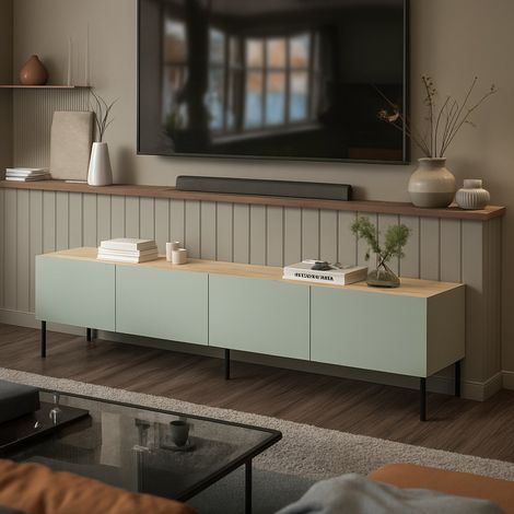 Mueble de TV Scopa, aparador de salón con cuatro puertas batientes y cuatro compartimentos interiores, elevado del suelo, 200x40 h52 cm, verde y roble (1/5)