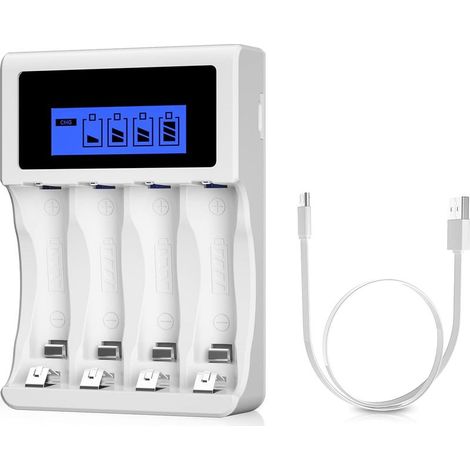 Cargador rápido de baterías LCD, cargador universal de 4 ranuras para baterías AA/AAA, para 4 baterías Ni-MH/Ni-CD (puerto USB) (1/5)