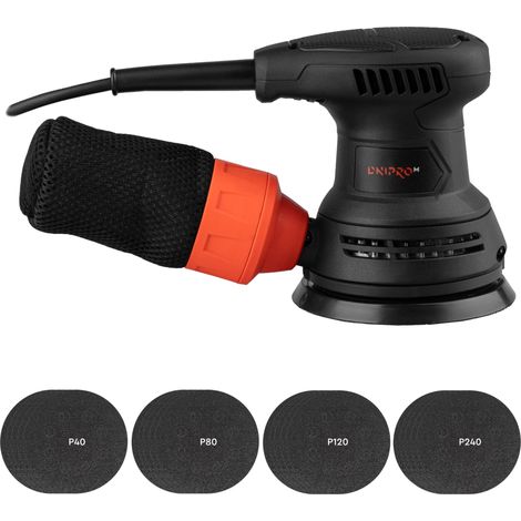 Dnipro-M Lijadora orbital 290W, plato de 125 mm, con 6 velocidades regulables 7500–12000 rpm y bolsa para el polvo. Incluye 20 discos. PE-29S