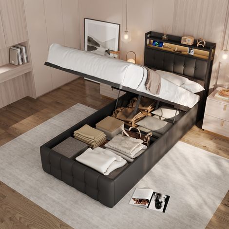 Superaly Lit simple hydraulique 90x200 cm, Tête de lit capitonné en PU, Éclairage LED, Port USB, Vérin à gaz, Sommier à lattes, Lit enfant noir, Matelas non inclus (1/5)