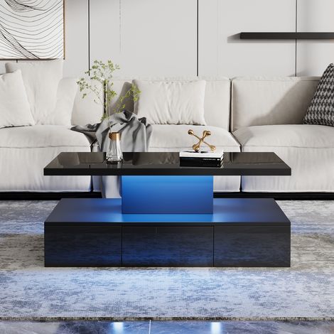 Table basse LED 16 couleurs laquée brillante tiroir étagère ouverte design moderne noir console salon meuble lumineux décoratif (1/5)