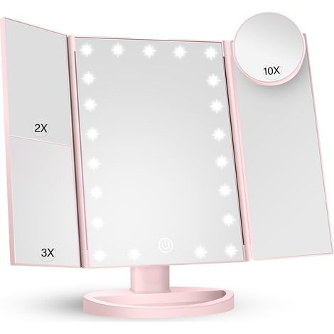 Miroir de maquillage éclairé, grossissement 2X, 3X, 10X, commande tactile, pliable, rose, support de meuble-lavabo de salle de bain