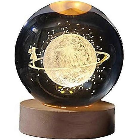 Veilleuse sphérique galaxie sculptée en 3D à LED avec sphère en verre ciel étoilé et base en bois - Cadeau de décoration intérieure idéal pour femmes et filles (1/5)