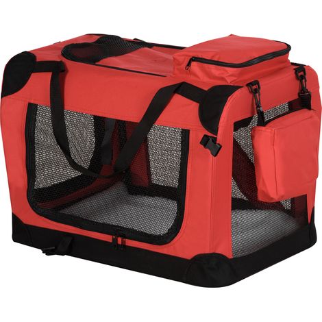Foldable Pet Carrier for Small Miniature Dogs, Portable Cat Carrier Soft Side Pet Travel Crate with Removable Mat, Storage Bags, Breathable Mesh Window 60 x 42 x 42cm - Red (1/5)