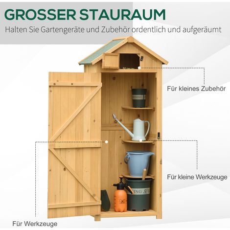Abri de jardin Outsunny en bois traité, imperméable, 77 x 54,2 x 179 cm, porte incluse, toit en pignon, rangement outil avec tablettes, parfait pour extérieur et balcon, jaune et vert. (1/4)