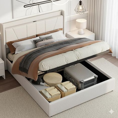 Lit 160x200cm - Lit Coffre 160x200cm et Sommier - avec Tête de Lit Rembourrée, 2 Ports USB et 1 Port Type-C - Tissu de Lin Beige (1/5)