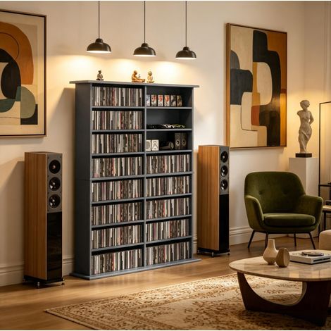 Mueble para CD y DVD gris, 16 compartimentos, 106,5x24x126,3 cm OKWISH (1/5)
