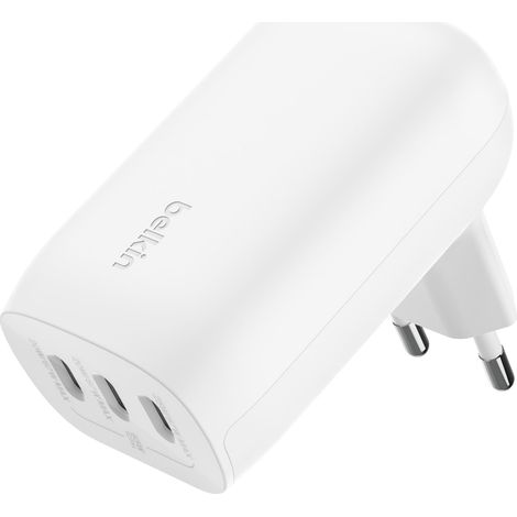 Belkin Cargador de Pared con 3 Puertos USB-C y PPS a 67 W BoostcCharge Pro, Carga rápida USB-C PD 3.1 para la Serie iPhone 16, 15, MacBook Pro, AirPods, Galaxy y Otros con Power Delivery, Blanco