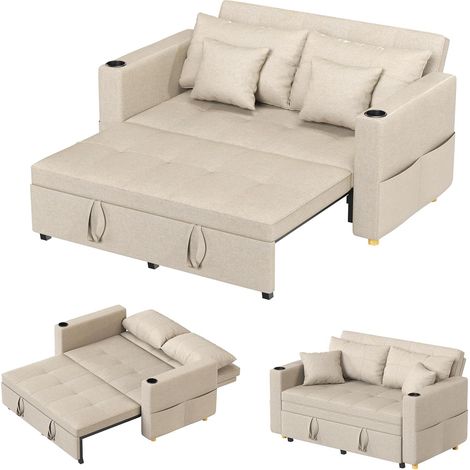 YODOLLA 2 Seater Sofa bed, 3-in-1 Convertible Sleeper Sofa 160cm, Beige  Side Pocker Design,4 Wheels Design,5 Adjustable Position,4 Extra Throw Pillows,Dual Cup Holders on Both Sides (1/5)