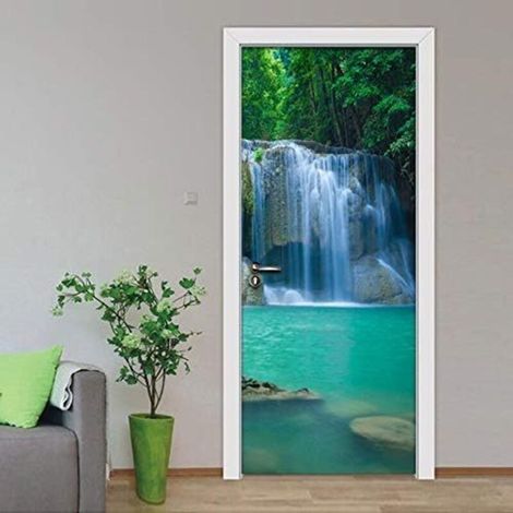 Adesivo per porta con effetto 3D - Decalcomania per porta trompe l'oeil - 77x200 cm - Carta da parati con paesaggio di foresta verde e cascata - Adesivi murali autoadesivi - Poster per porta di camera (1/4)
