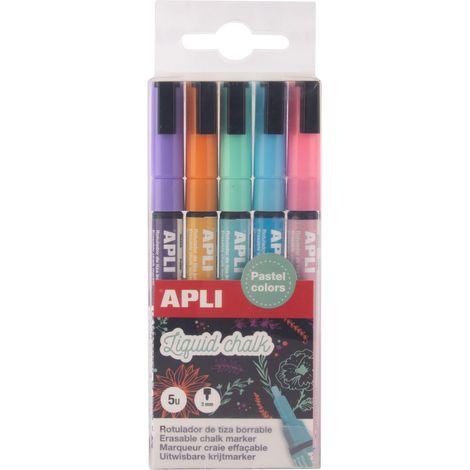 Marqueurs craie liquide couleurs pastel - Pack de 5 - Pointe ronde 3 mm - Effaçables sur surfaces non poreuses - Pour vitrines, tableaux et verre (1/2)