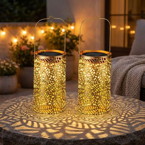 Lampe solaire à LED Effet de lumière Lanterne solaire Motif de feuilles Lampe de jardin solaire, métal bronze, LED blanc chaud, DxH 10x18 cm, lot de 2 (1/5)