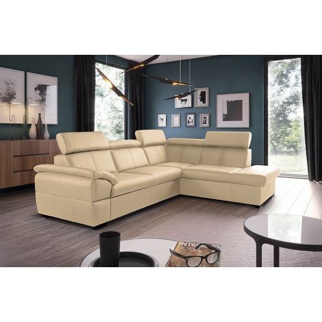 Canapé d'angle convertible en cuir italien de luxe 5/6 places TONY, avec coffre, beige, angle droit (1/5)