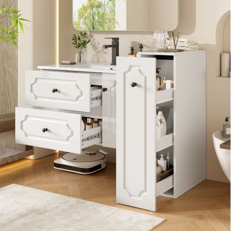 Conjunto de baño mural 107 cm con lavabo cerámico, 2 cajones y columna blanco (1/5)