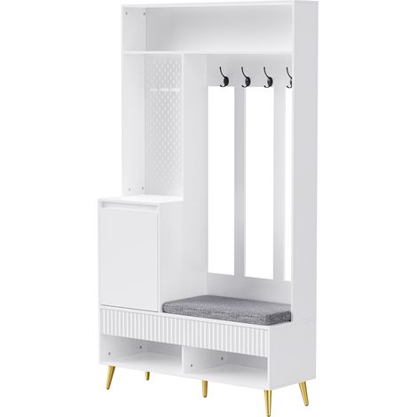 Set de recibidor con banco zapatero, 4 ganchos, 2 cajones y armario MDF blanco 100x35x180 cm (1/5)