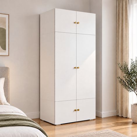Armoire de chambre, style modern, dressing penderie, avec 1 tringle et 5 compartiments poignées dorées, pour chambre enfant et bureau, blanc (1/5)