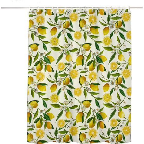 Filiyano-Rideau de douche citron 180 x 180 cm, motif feuilles vertes, imperméable et résistant à la moisissure, en polyester, avec 12 crochets (1/5)