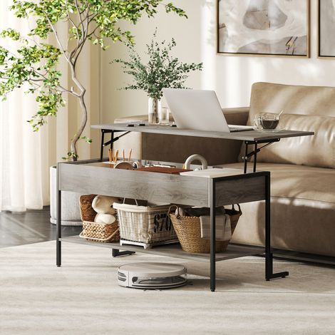 Table basse avec plateau relevable. table de salon avec compartiment caché et étagère ouverte. 95x40x59cm. gris