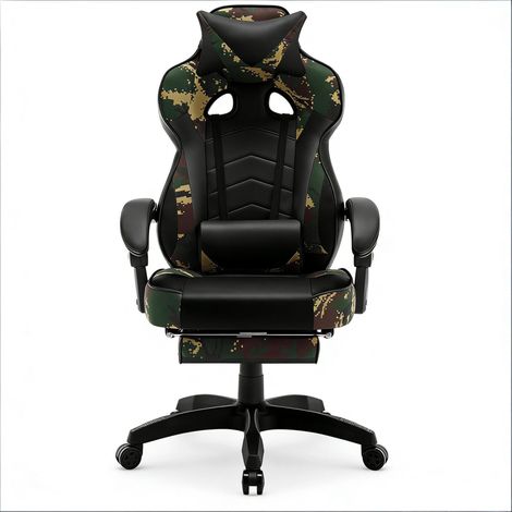 Chaise de bureau gaming ergonomique inclinable, appuie-tête, repose-pieds escamotable, hauteur réglable 45 à 52 cm, noir et vert CHICFURN (1/5)