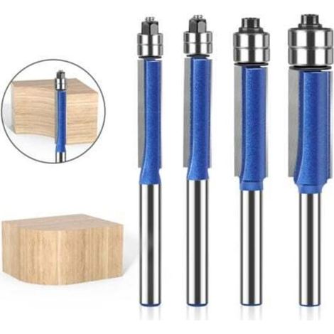 flush trim drill bits with 6 mm shank, grooving cutters, flush trim cutters with double bearing on the head (cutting diameter: 6.35 mm, 7.96 mm, 9.52 mm, 12.7 mm)