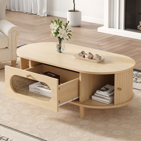 Table basse de salon 100x50x36 cm aspect bois, avec tiroir et porte roulante, 4 pieds stables, meuble d’appoint pour canapé (1/5)