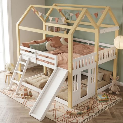 Lit mezzanine cabane 90 x 200 cm avec toboggan et échelle réversibles, lit enfant avec espace de jeu, barrières, sommier inclus, blanc, robuste (1/5)